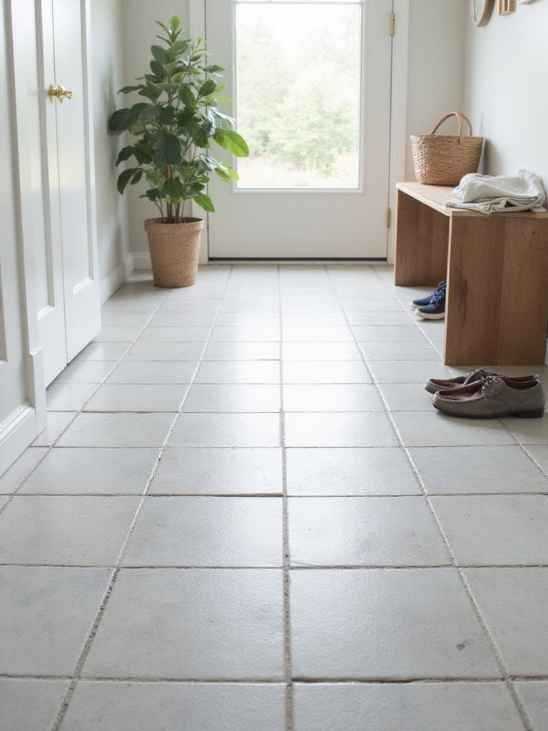 Classic light gray ceramic tile flooring in a bright and clean mudroom.