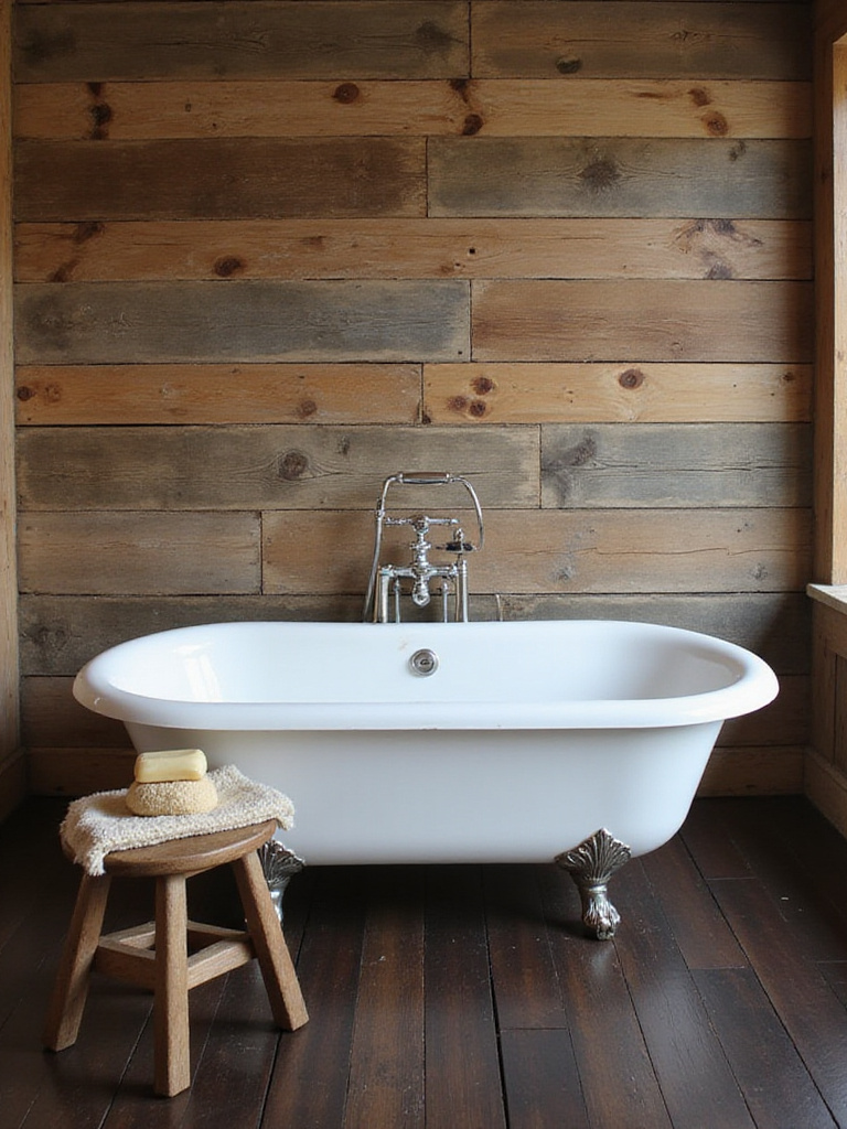 Rustic bathroom featuring a white clawfoot tub with reclaimed wood wall