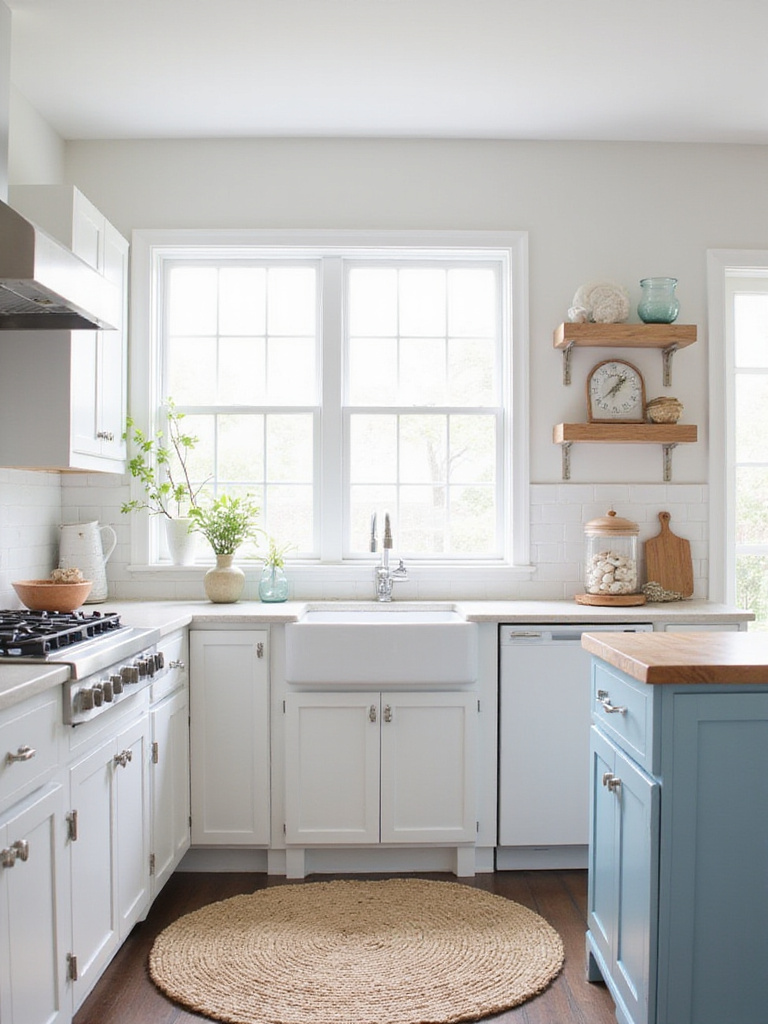 Coastal Kitchen Design with Blue Island and White Cabinets