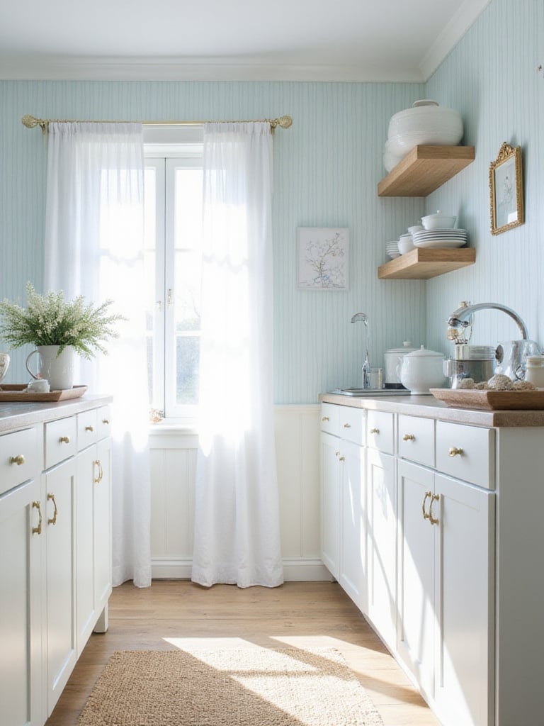 Light blue and white striped wallpaper in a coastal-themed kitchen.