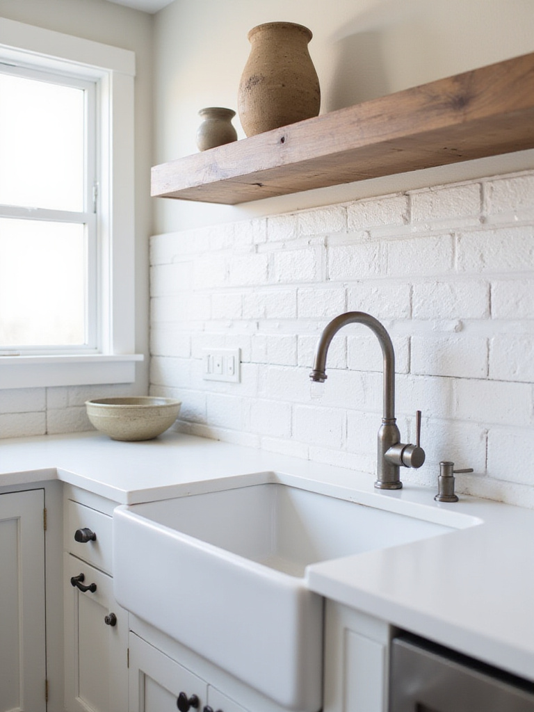 White farmhouse sink with white subway tile backsplash in a modern farmhouse kitchen