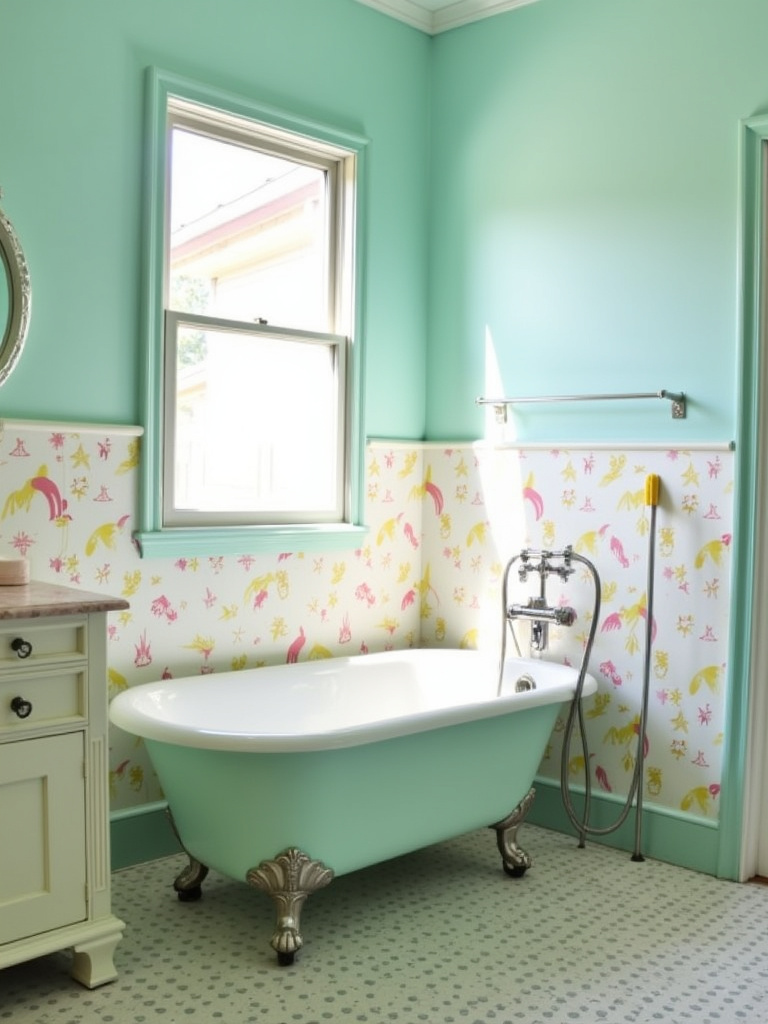 Vintage bathroom remodel with turquoise walls and atomic-patterned wallpaper.