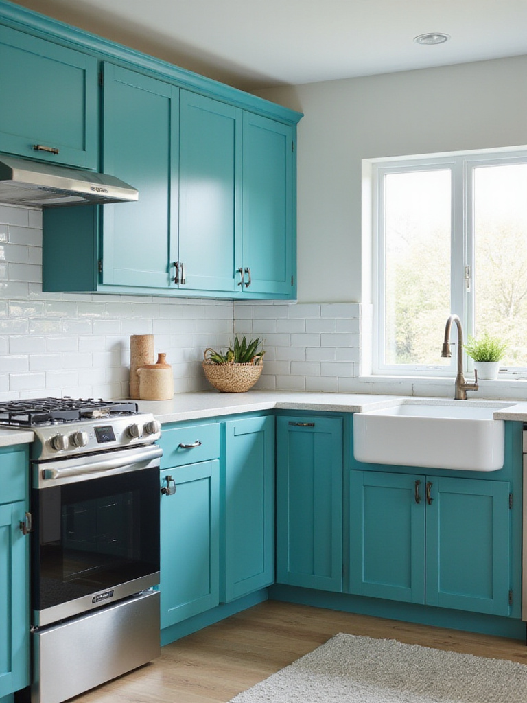 Teal kitchen cabinets in a modern kitchen with white countertops and stainless steel appliances.