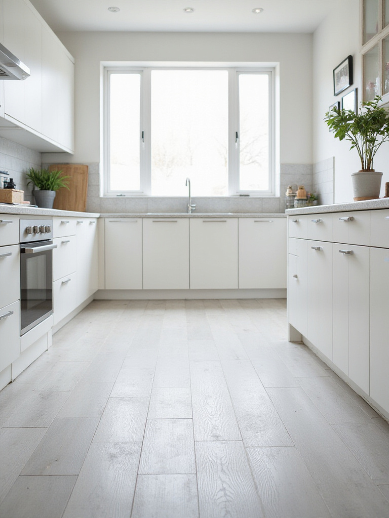 Modern kitchen with light gray flooring, white cabinets, and quartz countertops, showcasing a bright and spacious atmosphere.