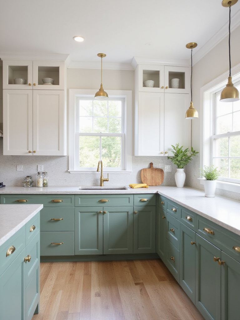 Modern kitchen with two-toned sage green and white cabinets and brass hardware.