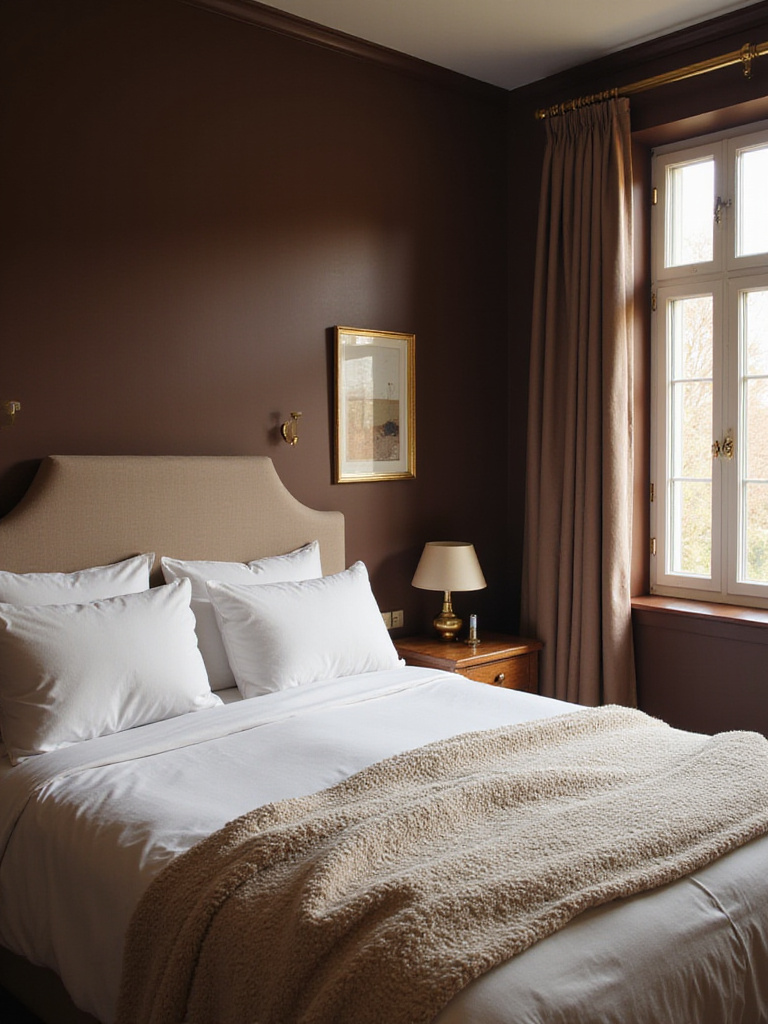 Comforting chocolate brown bedroom with white linens and gold accents.