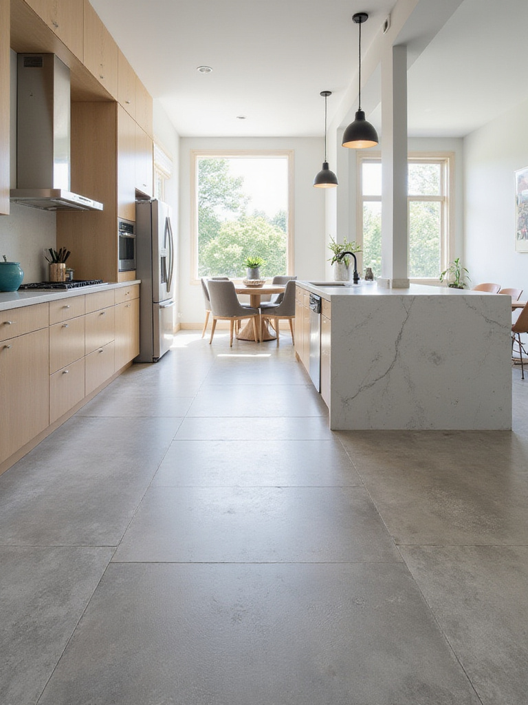 Modern kitchen featuring concrete-look floor tiles, light wood cabinets, and stainless steel appliances.