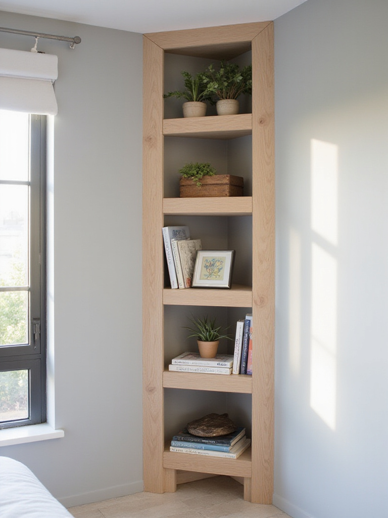Corner shelving unit in a small bedroom, maximizing storage and style.