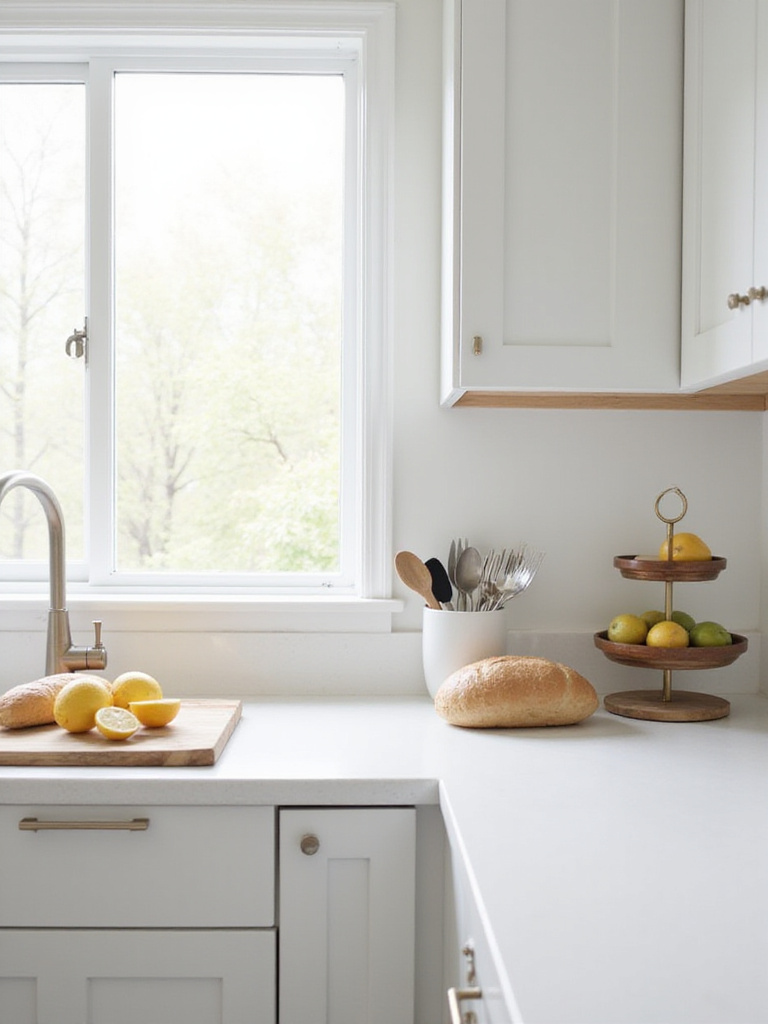 Clean and organized kitchen counter with minimal clutter, creating a spacious feel.