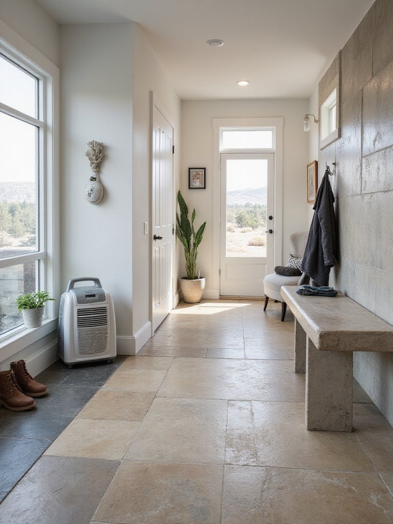 Mudroom flooring options for different climates: slate tile for cold, porcelain tile for humid, and concrete for arid environments.