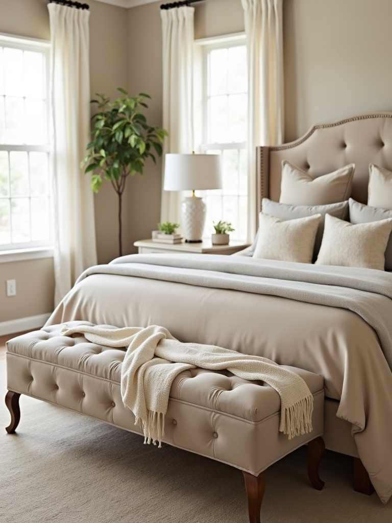 Beige bedroom with a tufted beige bench at the foot of the bed for added style and functionality.