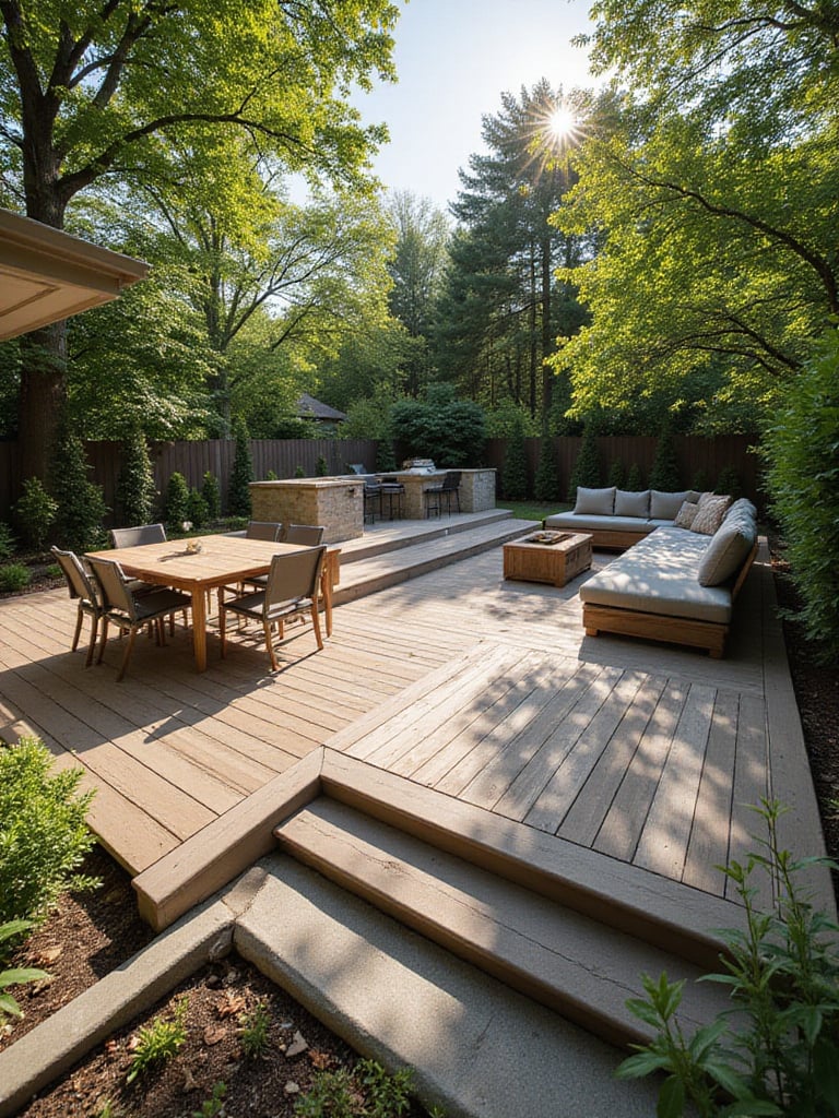 Multi-level deck with dining and lounge areas in a backyard.