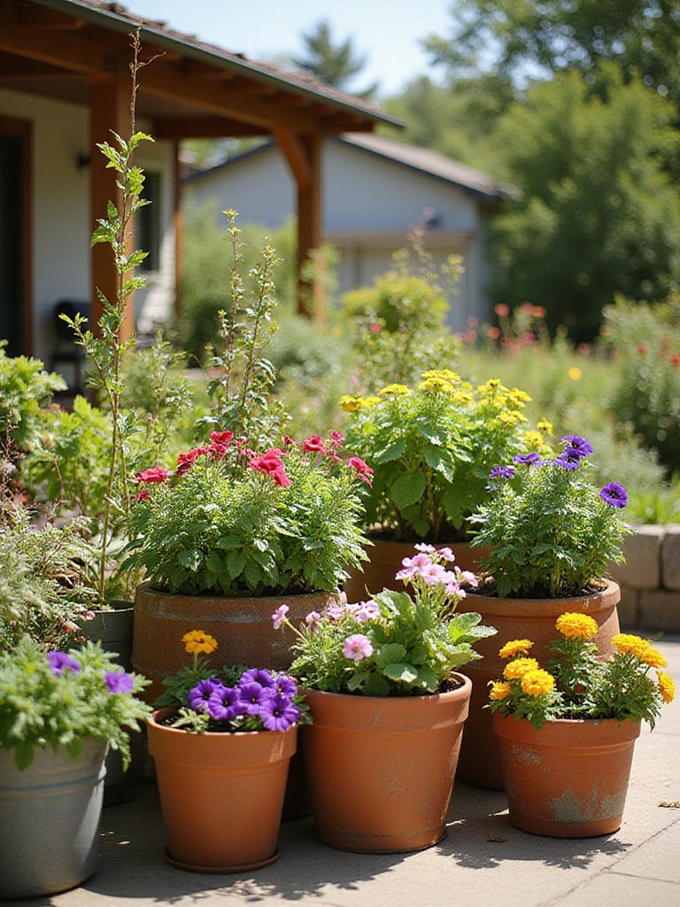 Inspiring container garden ideas showcasing diverse plant combinations and container styles on a sunny patio.