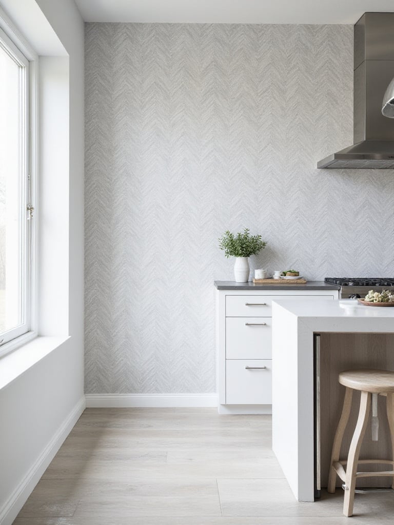 Modern kitchen with light grey and white herringbone wallpaper statement wall