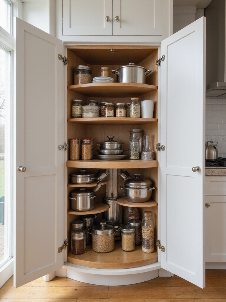 Corner kitchen cabinet with a two-tiered wooden Lazy Susan filled with kitchen items.