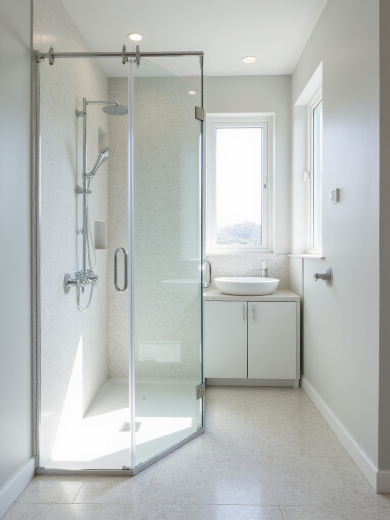 Small bathroom featuring a space-saving neo-angle corner shower with clear glass.