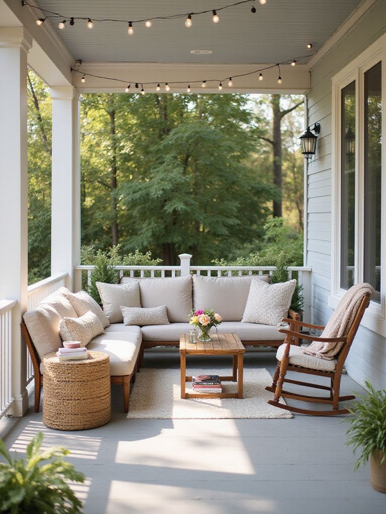 Cozy porch seating area with outdoor sofa, rocking chair, and string lights.