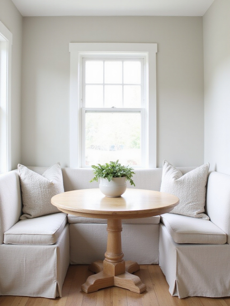 Cozy corner banquette seating in a small dining room with under-seat storage.
