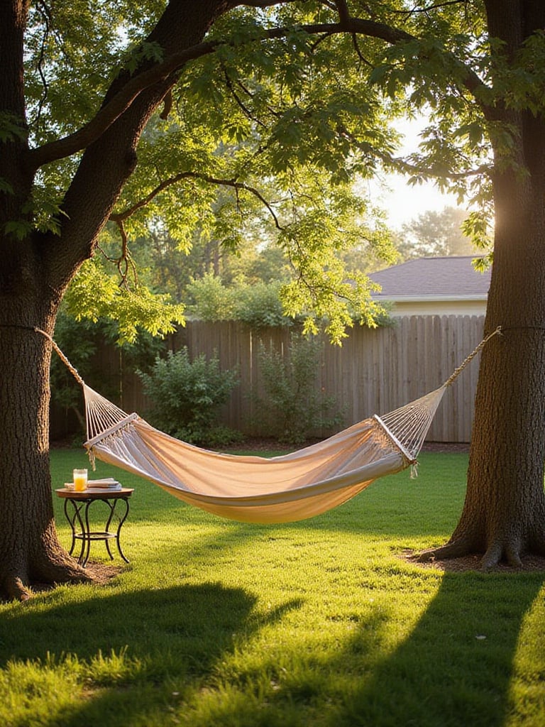 Cozy hammock hanging between trees in a peaceful backyard setting
