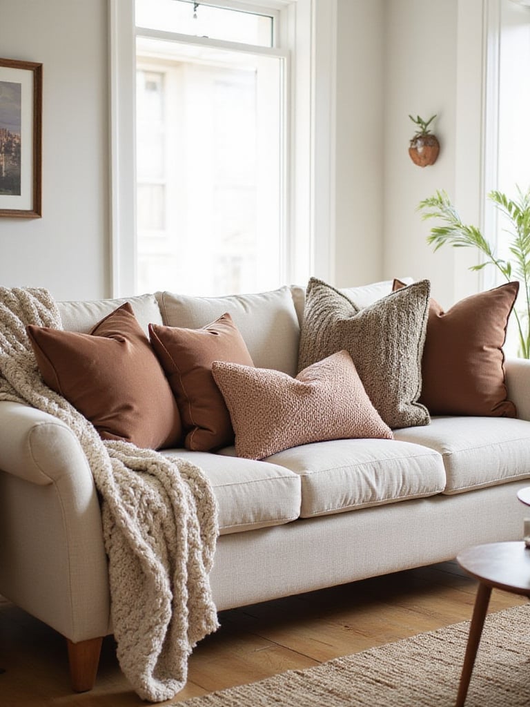 Cozy living room with textured throw pillows and blanket on a neutral sofa