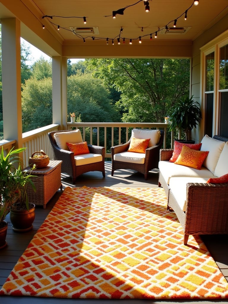 Cozy outdoor deck with plush patterned rug, wicker furniture, and potted plants.