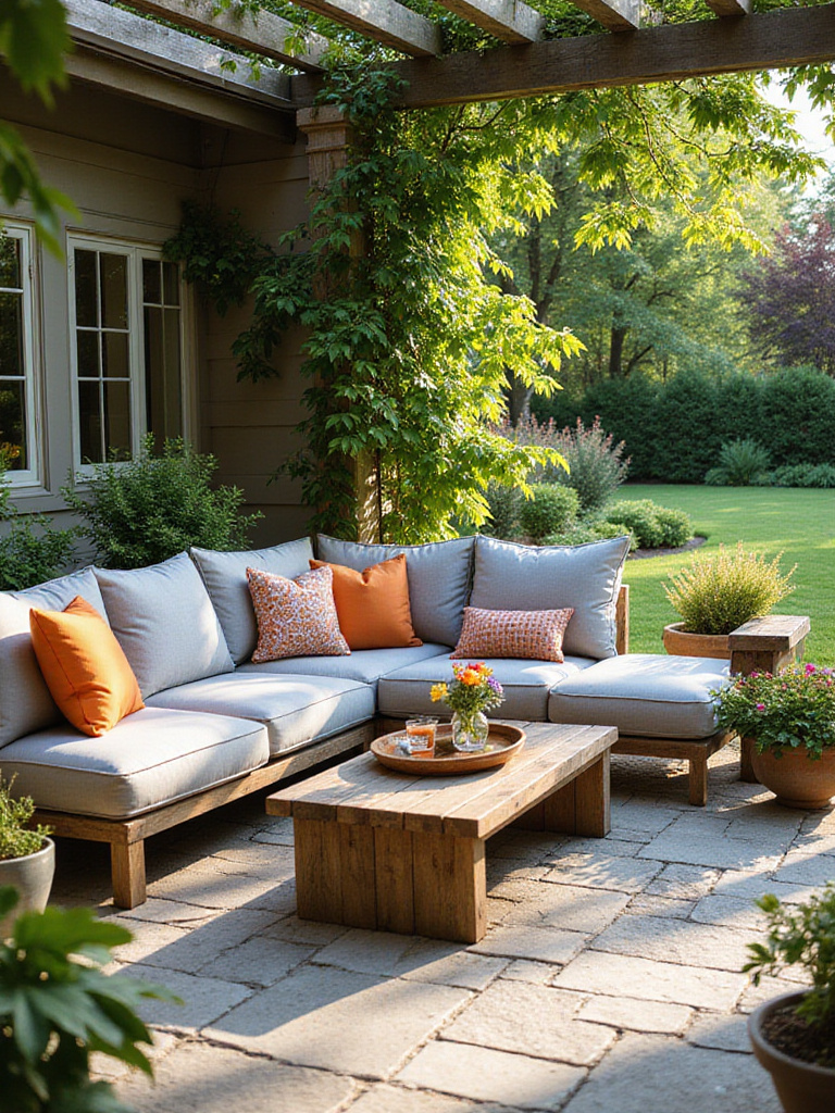 Plush outdoor sectional sofa with colorful throw pillows on a stone patio.