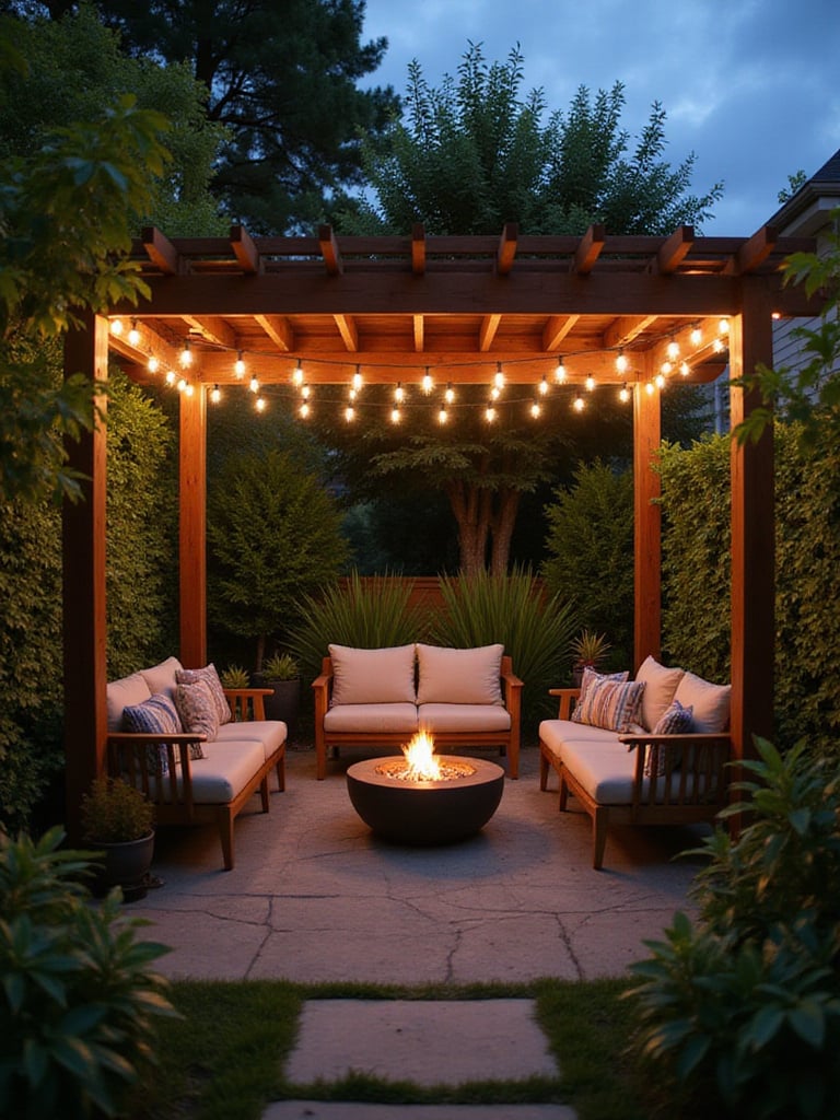 Cozy backyard conversation nook with fire pit and string lights