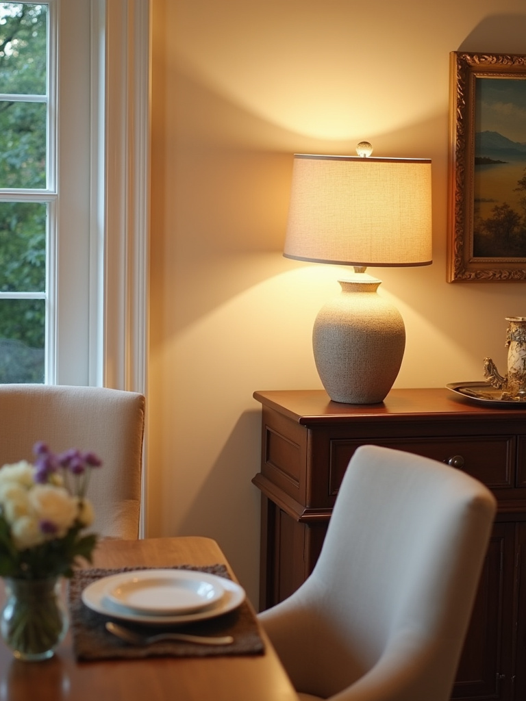 Cozy kitchen table setting with warm table lamps on a side console creating a relaxing ambiance.