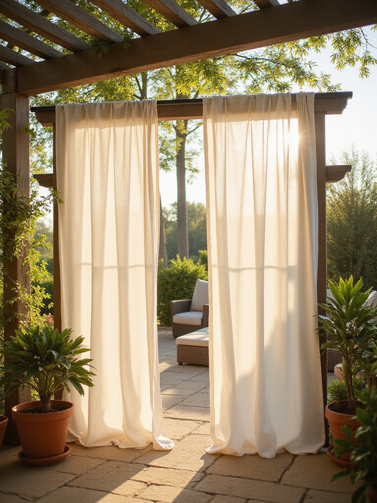 Patio with sheer white outdoor curtains providing privacy and shade.
