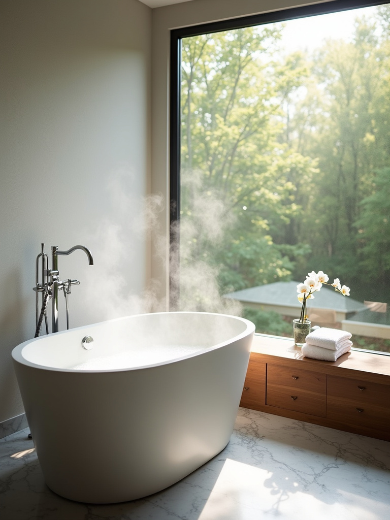 Spa-like bathroom with freestanding tub and natural light