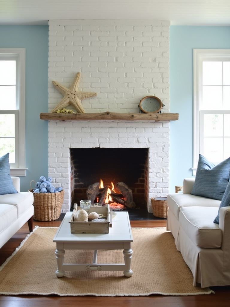Whitewashed brick fireplace in a coastal living room