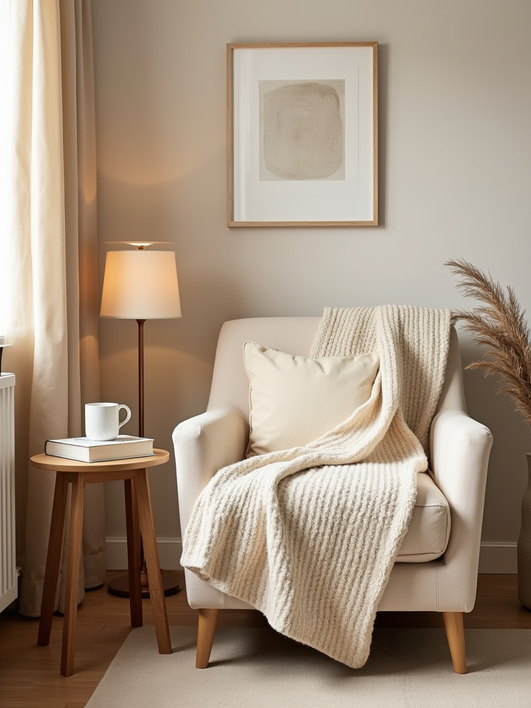 Cozy beige bedroom corner with armchair and throw for relaxation.