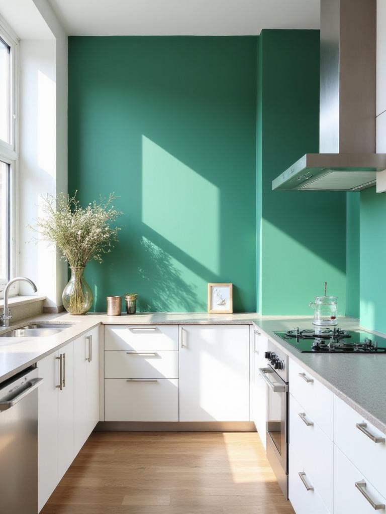 Modern kitchen with white cabinets and a bold emerald green accent wall.