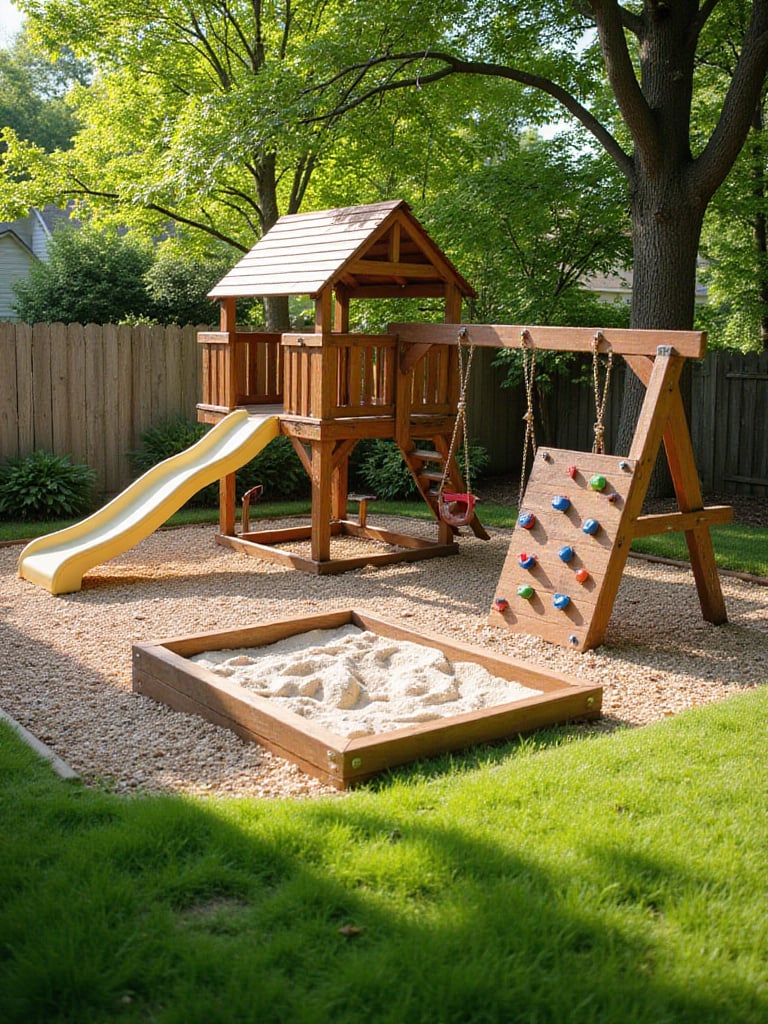 Backyard play area with swing set, slide, sandbox, and climbing wall