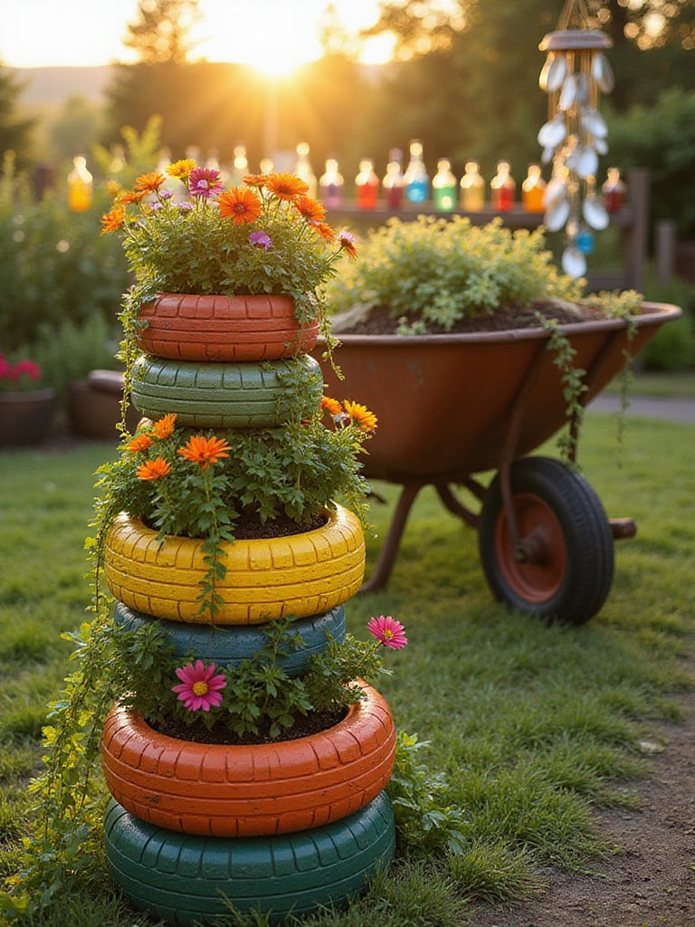 Garden featuring creative repurposed art including tire planters, bottle borders, and silverware wind chimes.