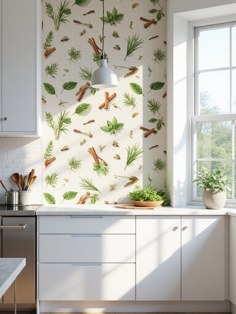Kitchen wallpaper with botanical herb and spice print