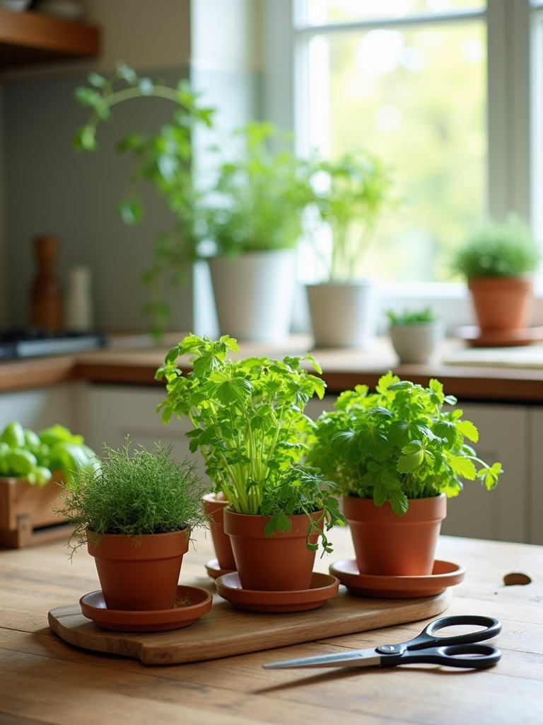 Mini potted herbs as kitchen table decor, including basil, mint, and chives in terracotta pots and vintage teacups.