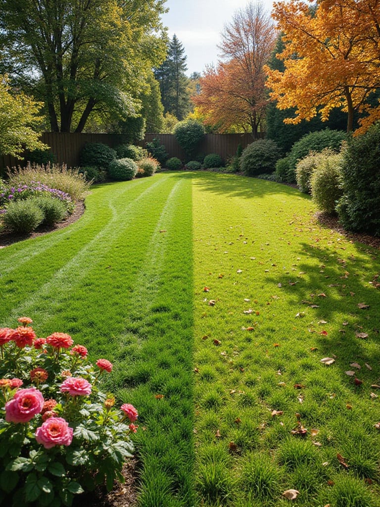 Lawn garden transitioning through spring, summer, autumn, and winter.