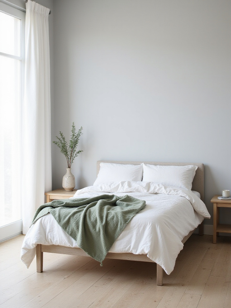 Minimalist bedroom with white bedding, green throw blanket, eucalyptus in a ceramic vase, and soft natural light.