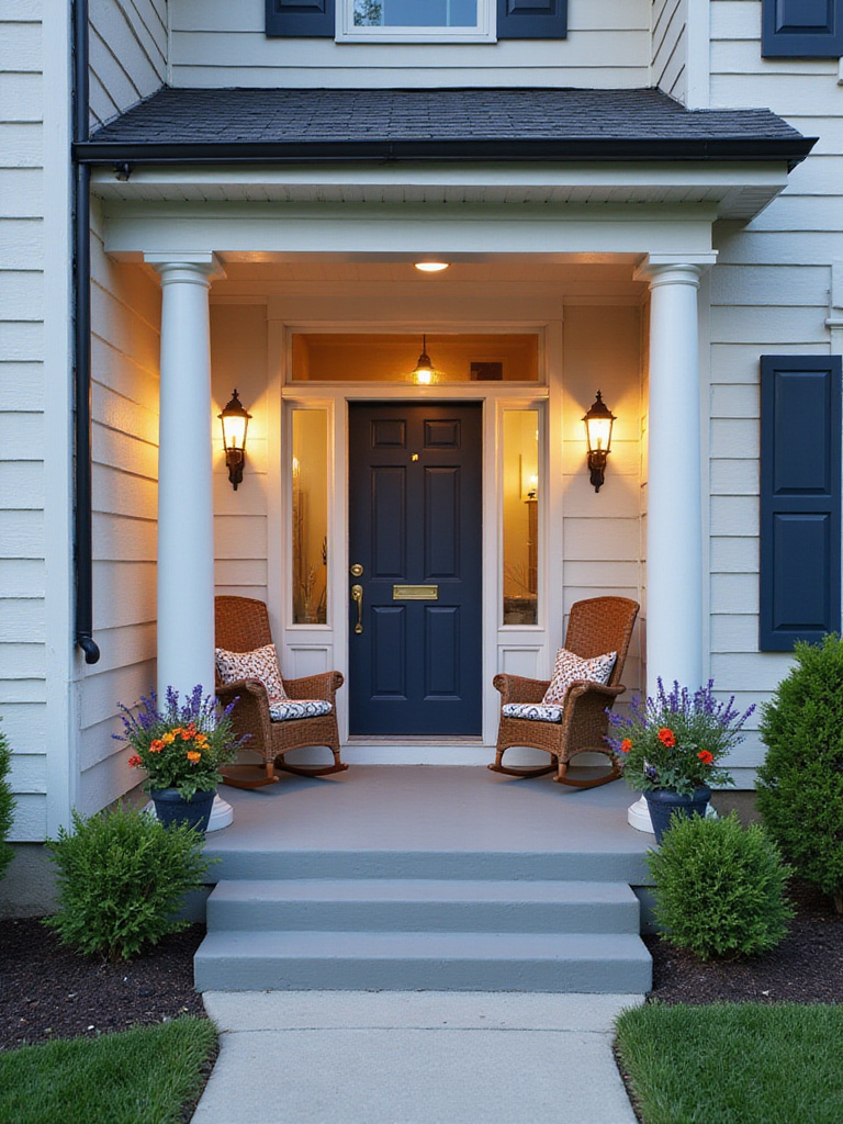 Beautifully remodeled front porch with white columns, rocking chairs, and potted plants enhancing curb appeal.