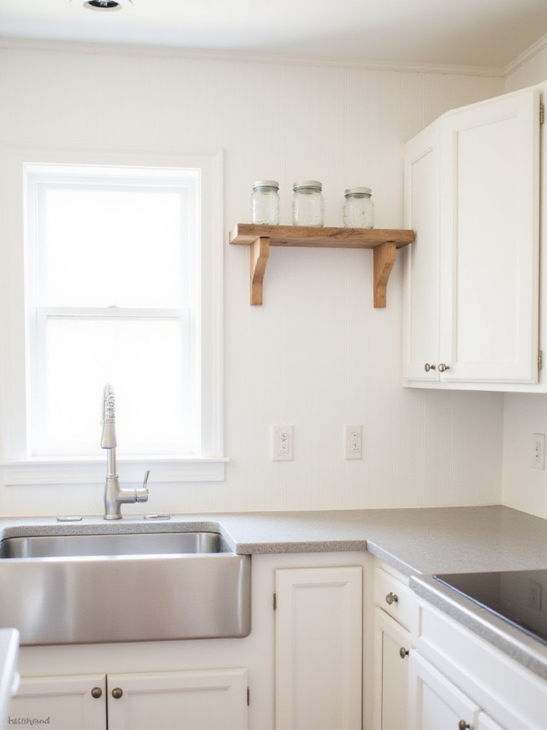 Farmhouse kitchen with DIY white beadboard backsplash and stainless steel farmhouse sink