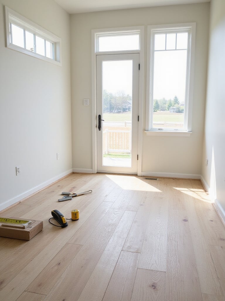 DIY mudroom flooring installation in progress, showing luxury vinyl plank and tools.