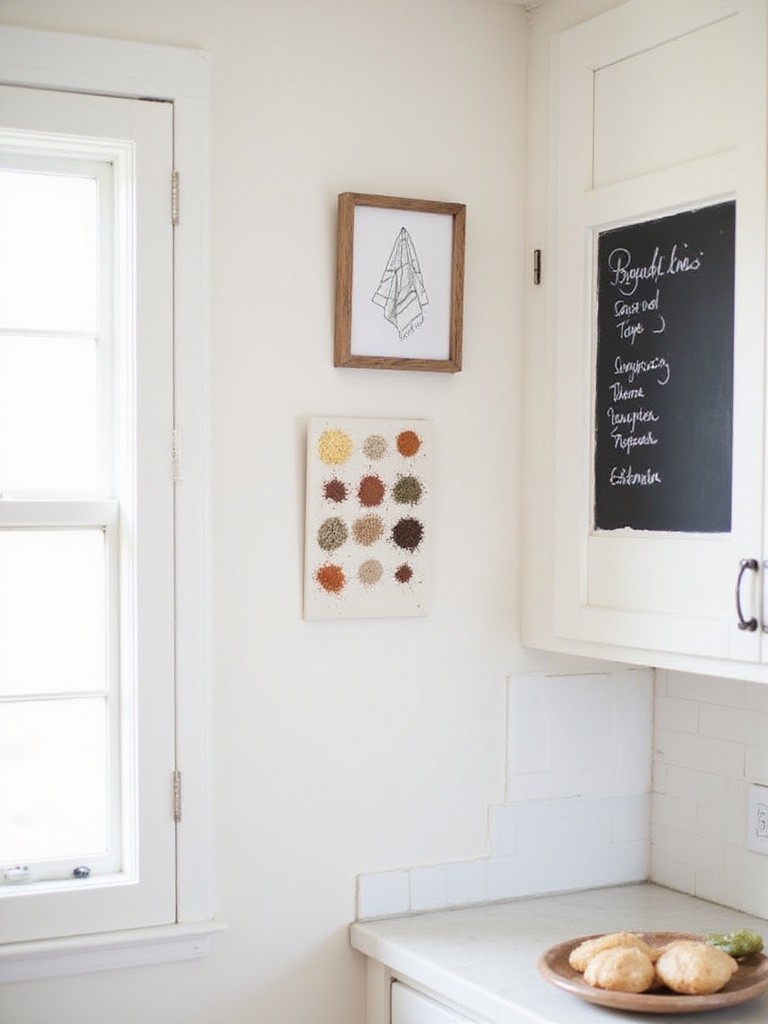 DIY kitchen art ideas: Framed tea towel, spice rack canvas, and chalkboard menu board.