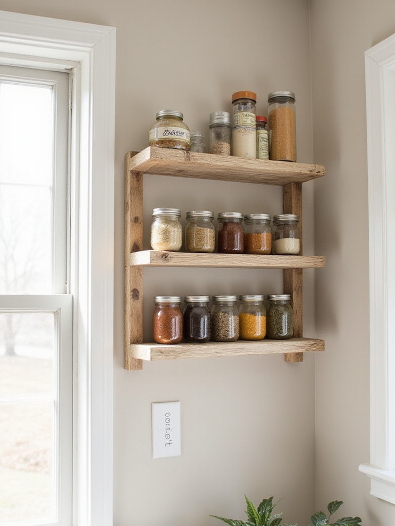 DIY spice rack made from reclaimed wood holding colorful spices in jars on a kitchen wall.