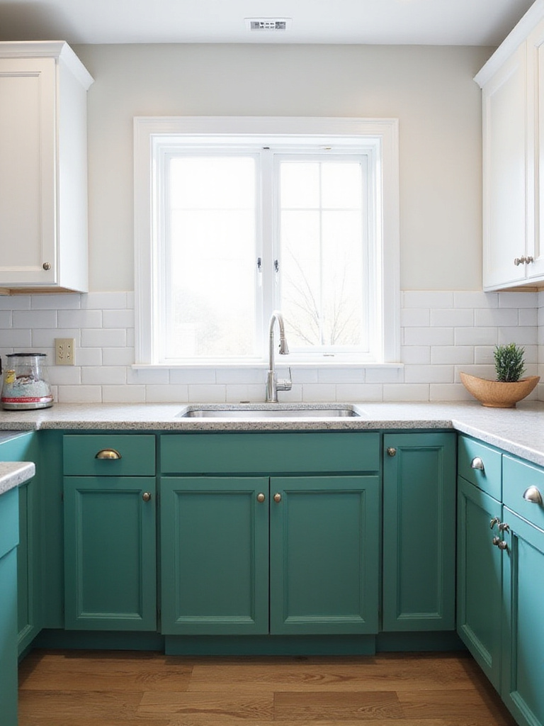 Emerald green lower cabinets and white upper cabinets in a modern kitchen