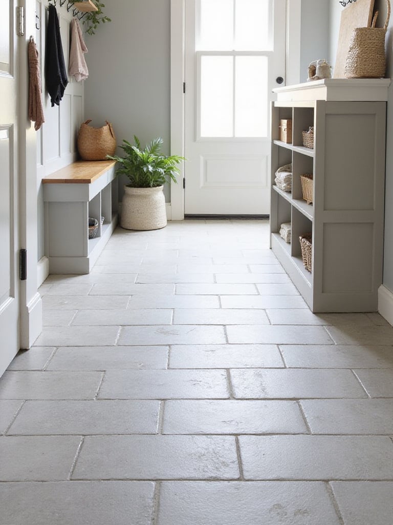 Light gray porcelain tile mudroom floor with dark charcoal gray grout.