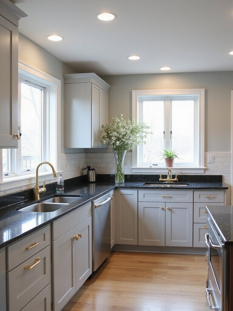 Modern kitchen with light grey cabinets and black granite countertops.