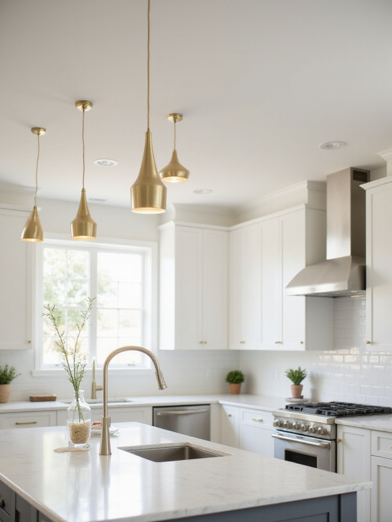 Modern kitchen with three brushed gold pendant lights hanging above a white marble island.