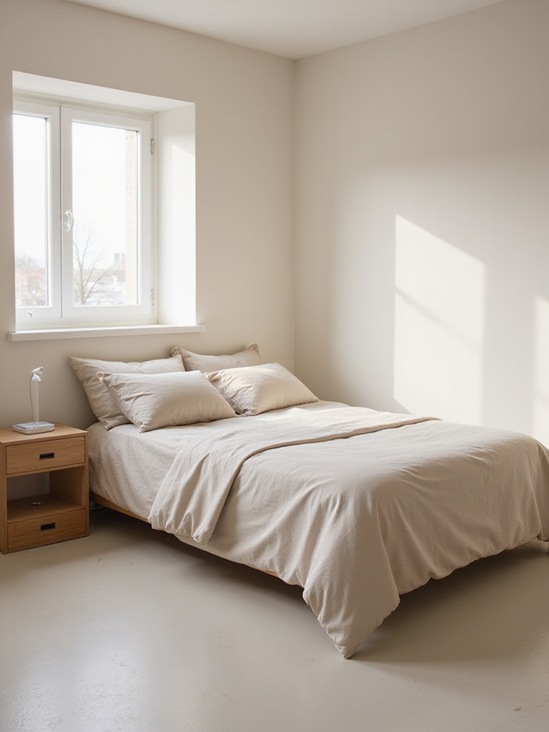 Minimalist bedroom with clean lines and uncluttered surfaces.