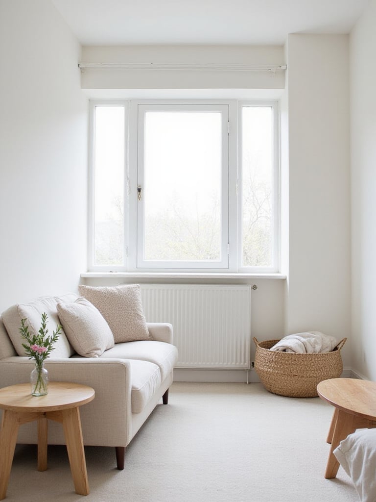 Serene and uncluttered minimalist living room with natural light.